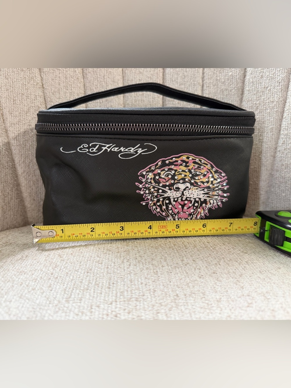 Ed Hardy Black Toiletry Bag with Pink and Gold Leopard Design